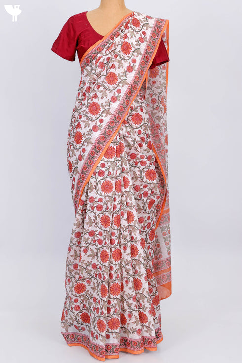 Kota Doria Saree In Floral Block Print